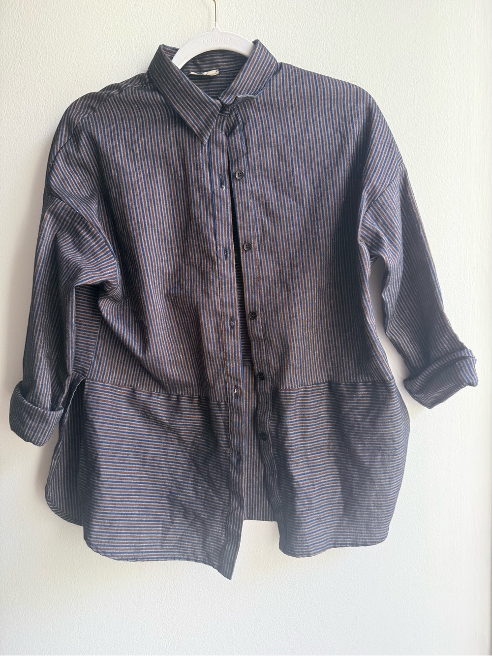 Striped Button-Up Wool Shirt in Navy and Rust
